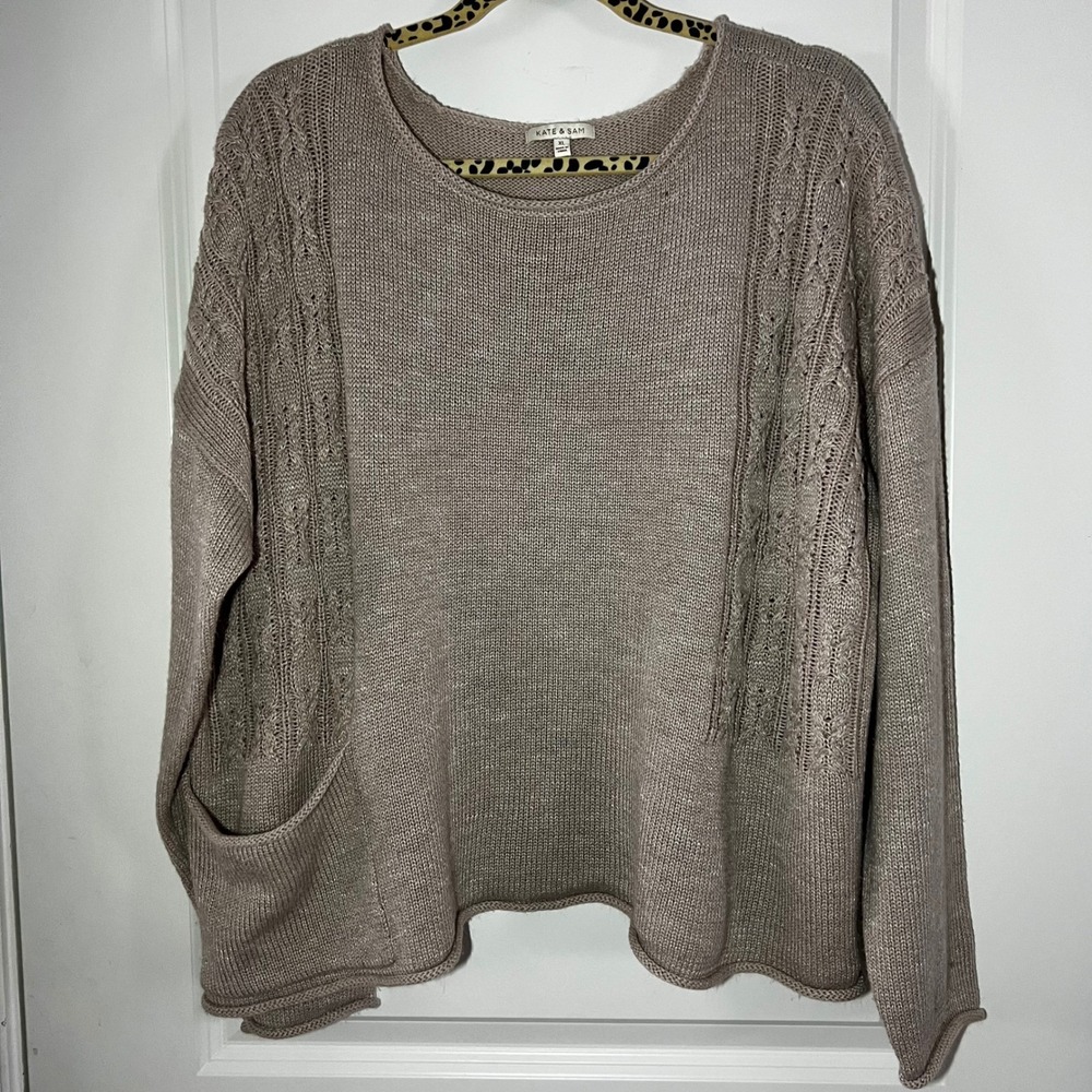 KATE & SAM Womens Knit Sweater XL Beige Cable Knit Front Pocket Long Sleeve